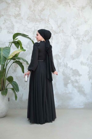 Tesettürlü Abiye Elbise - Boncuk İşlemeli Siyah Tesettür Abiye Elbise 4953S - 5