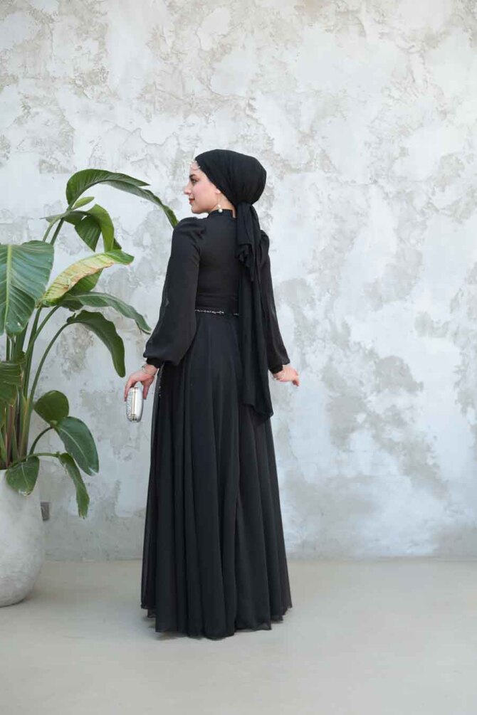 Tesettürlü Abiye Elbise - Boncuk İşlemeli Siyah Tesettür Abiye Elbise 4953S - 5