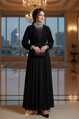 Tesettürlü Abiye Elbise - İnci İşlemeli Siyah Tesettür Abiye Elbise 46201S - 1