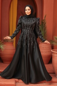 Tesettürlü Abiye Elbise - Boncuk İşlemeli Siyah Tesettür Abiye Elbise 51891S - Thumbnail
