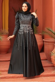 Tesettürlü Abiye Elbise - Boncuk İşlemeli Siyah Tesettür Abiye Elbise 52071S - Thumbnail