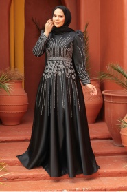 Tesettürlü Abiye Elbise - Boncuk İşlemeli Siyah Tesettür Abiye Elbise 52071S - Thumbnail
