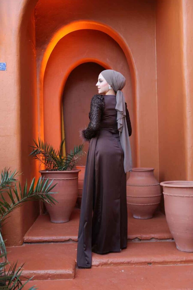 Tesettürlü Abiye Elbise - Boncuk İşlemeli Kahverengi Tesettür Abiye Elbise 52151KH - 4