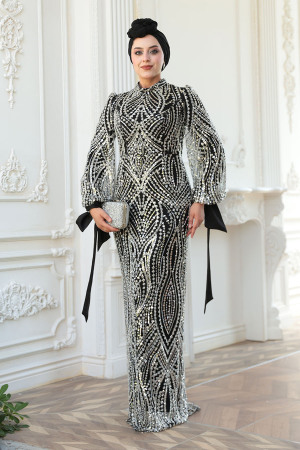 Tesettürlü Abiye Elbise - Boncuk İşlemeli Siyah Tesettür Abiye Elbise 52554S - 3