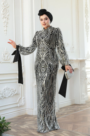 Tesettürlü Abiye Elbise - Boncuk İşlemeli Siyah Tesettür Abiye Elbise 52554S 