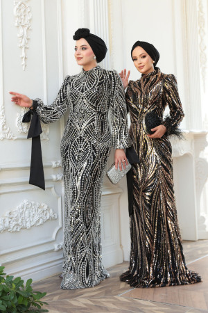 Tesettürlü Abiye Elbise - Boncuk İşlemeli Siyah Tesettür Abiye Elbise 52554S - 4