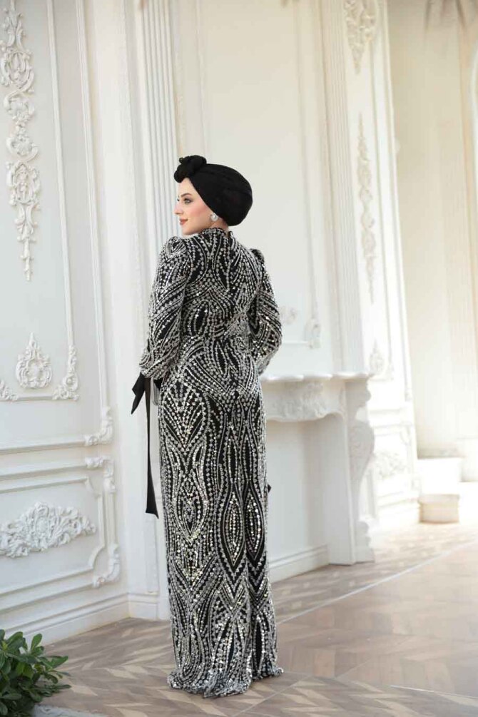 Tesettürlü Abiye Elbise - Boncuk İşlemeli Siyah Tesettür Abiye Elbise 52554S - 5