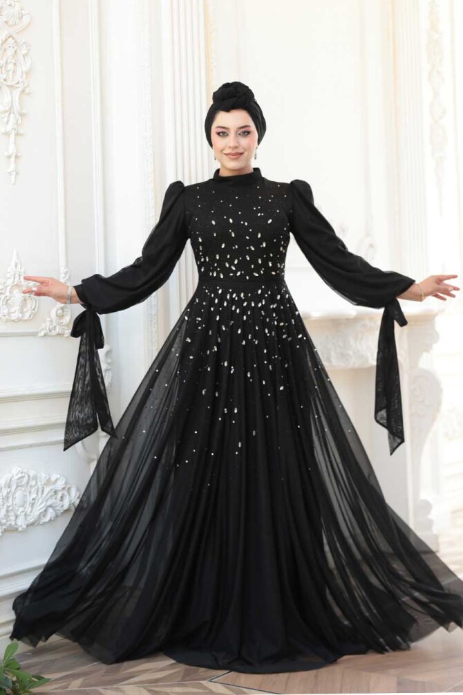 Tesettürlü Abiye Elbise - Boncuk İşlemeli Siyah Tesettür Abiye Elbise 5283S - N.S NEVA STYLE