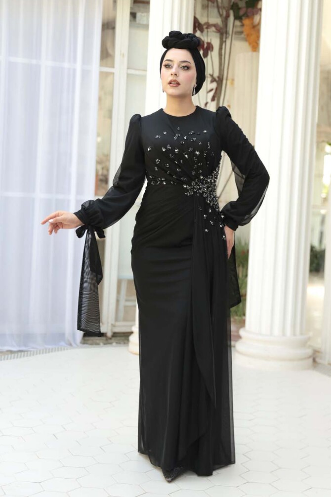Tesettürlü Abiye Elbise - Boncuk İşlemeli Siyah Tesettür Abiye Elbise 53497S - 2