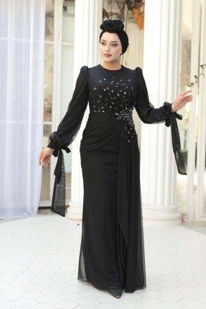 Tesettürlü Abiye Elbise - Boncuk İşlemeli Siyah Tesettür Abiye Elbise 53497S - 1