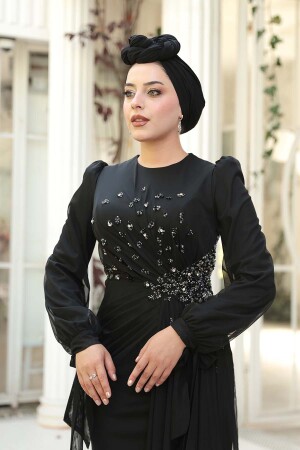 Tesettürlü Abiye Elbise - Boncuk İşlemeli Siyah Tesettür Abiye Elbise 53497S - 5