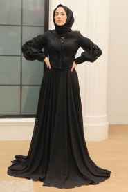 Tesettürlü Abiye Elbise - Boncuk İşlemeli Siyah Tesettür Abiye Elbise 750S - Thumbnail