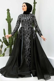 Tesettürlü Abiye Elbise - Boncuk İşlemeli Siyah Tesettür Abiye Elbise 950S - Thumbnail
