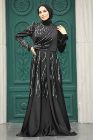 Tesettürlü Abiye Elbise - Boncuk İşlemeli Siyah Tesettür Saten Abiye Elbise 3984S - Thumbnail
