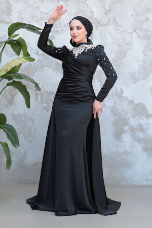 Tesettürlü Abiye Elbise - Boncuk İşlemeli Siyah Tesettür Saten Abiye Elbise 51312S 