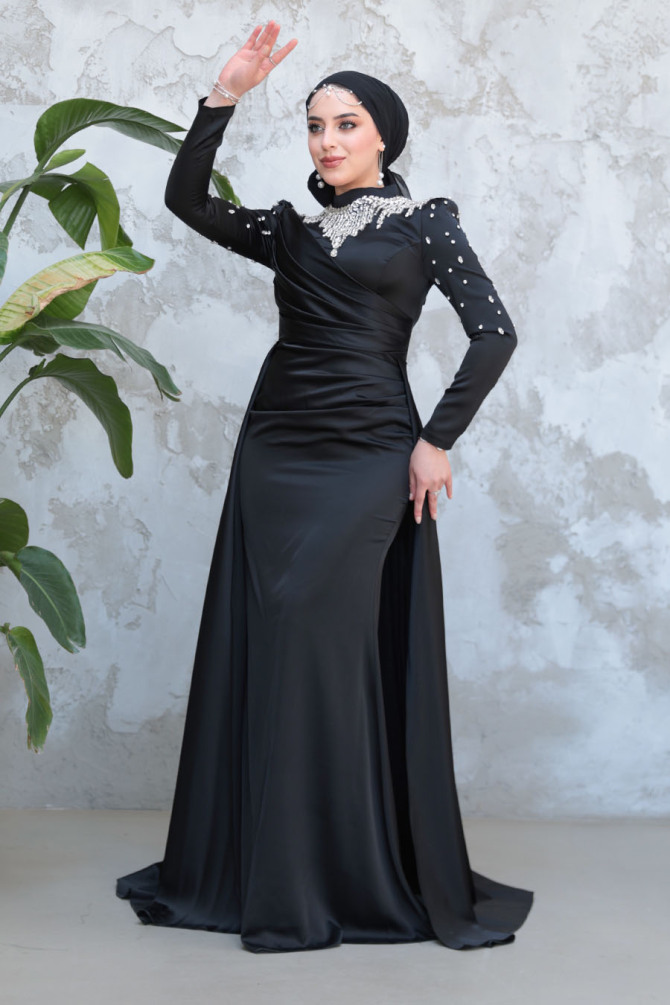 Tesettürlü Abiye Elbise - Boncuk İşlemeli Siyah Tesettür Saten Abiye Elbise 51312S - 1