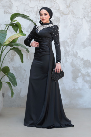 Tesettürlü Abiye Elbise - Boncuk İşlemeli Siyah Tesettür Saten Abiye Elbise 51312S - 3