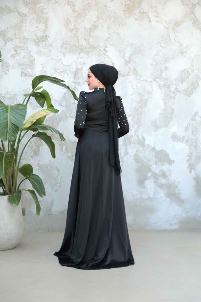 Tesettürlü Abiye Elbise - Boncuk İşlemeli Siyah Tesettür Saten Abiye Elbise 51312S - 4