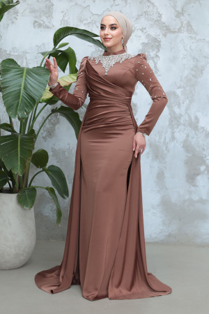 Tesettürlü Abiye Elbise - Boncuk İşlemeli Taba Tesettür Saten Abiye Elbise 51312TB - 2