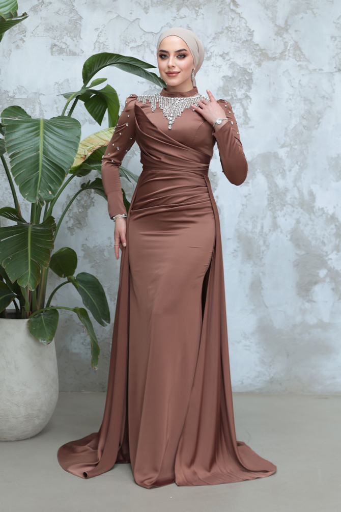 Tesettürlü Abiye Elbise - Boncuk İşlemeli Taba Tesettür Saten Abiye Elbise 51312TB - 3