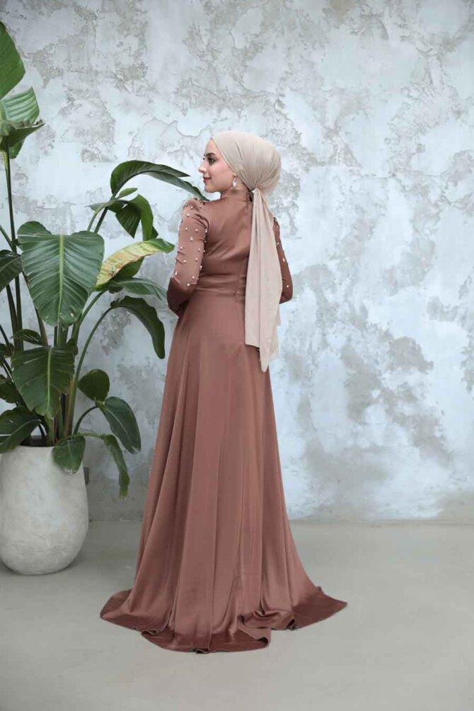 Tesettürlü Abiye Elbise - Boncuk İşlemeli Taba Tesettür Saten Abiye Elbise 51312TB - 4