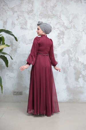 Tesettürlü Abiye Elbise - Boncuk İşlemeli Vişne Tesettür Abiye Elbise 4953VSN - 3