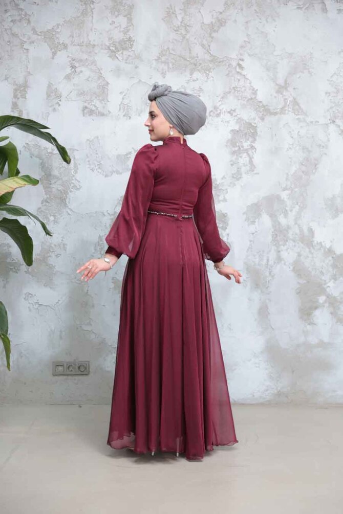 Tesettürlü Abiye Elbise - Boncuk İşlemeli Vişne Tesettür Abiye Elbise 4953VSN - 3