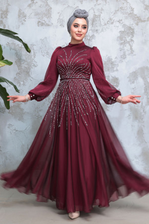 Tesettürlü Abiye Elbise - Boncuk İşlemeli Vişne Tesettür Abiye Elbise 4953VSN 