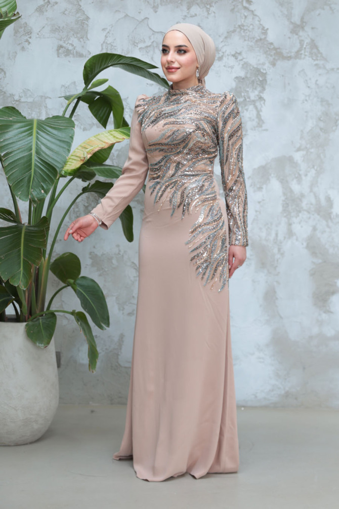 Tesettürlü Abiye Elbise - Boncuk İşlemeli Vizon Tesettür Abiye Elbise 51012V - TESETTÜRLÜ ABİYE ELBİSELER