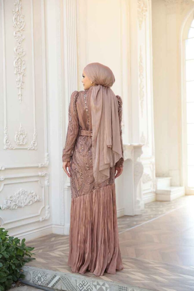 Tesettürlü Abiye Elbise - Boncuk İşlemeli Vizon Tesettür Abiye Elbise 51621V - 9