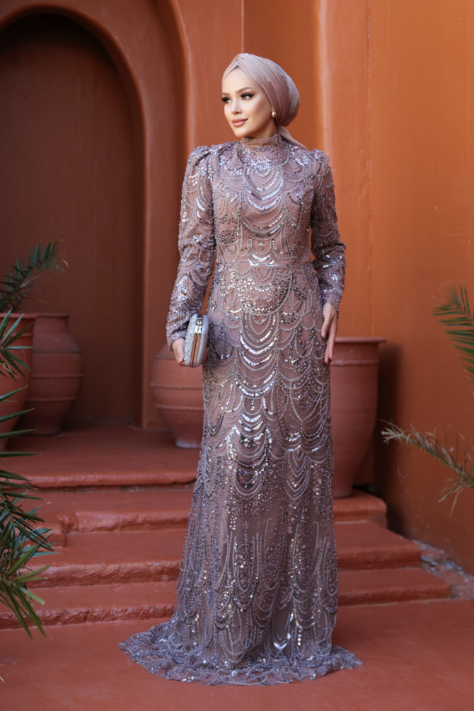 Tesettürlü Abiye Elbise - Boncuk İşlemeli Vizon Tesettür Abiye Elbise 51812V - N.S NEVA STYLE