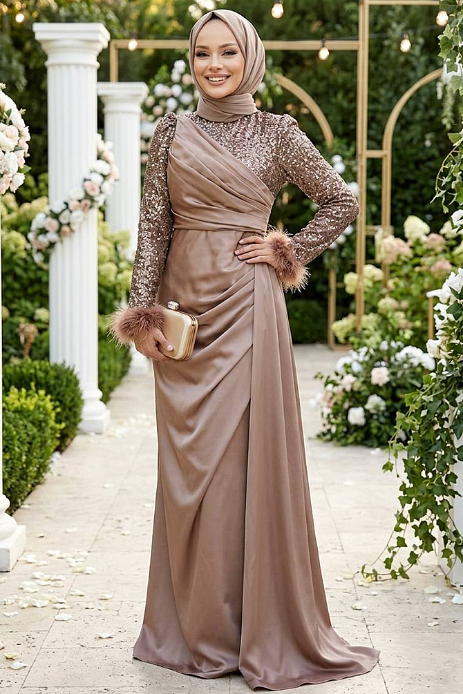 Tesettürlü Abiye Elbise - Boncuk İşlemeli Vizon Tesettür Abiye Elbise 52151V - 1