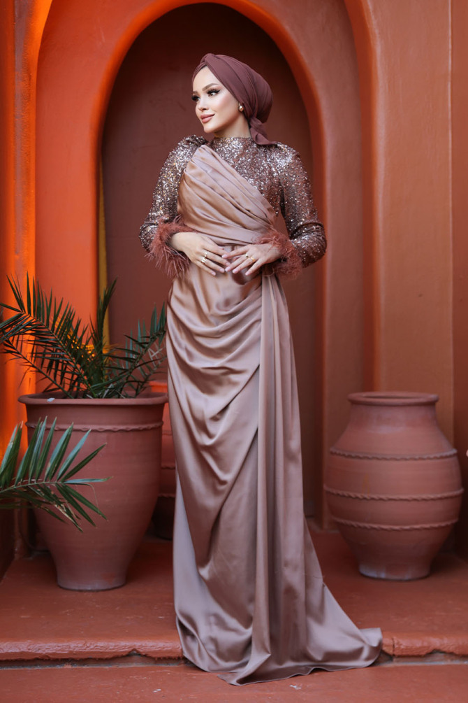 Tesettürlü Abiye Elbise - Boncuk İşlemeli Vizon Tesettür Abiye Elbise 52151V - 3