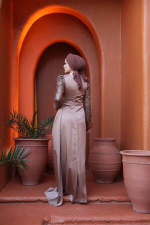 Tesettürlü Abiye Elbise - Boncuk İşlemeli Vizon Tesettür Abiye Elbise 52151V - 6