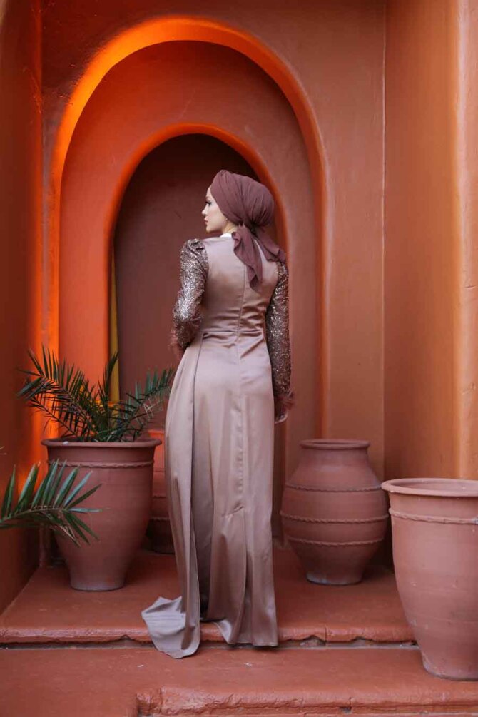 Tesettürlü Abiye Elbise - Boncuk İşlemeli Vizon Tesettür Abiye Elbise 52151V - 6