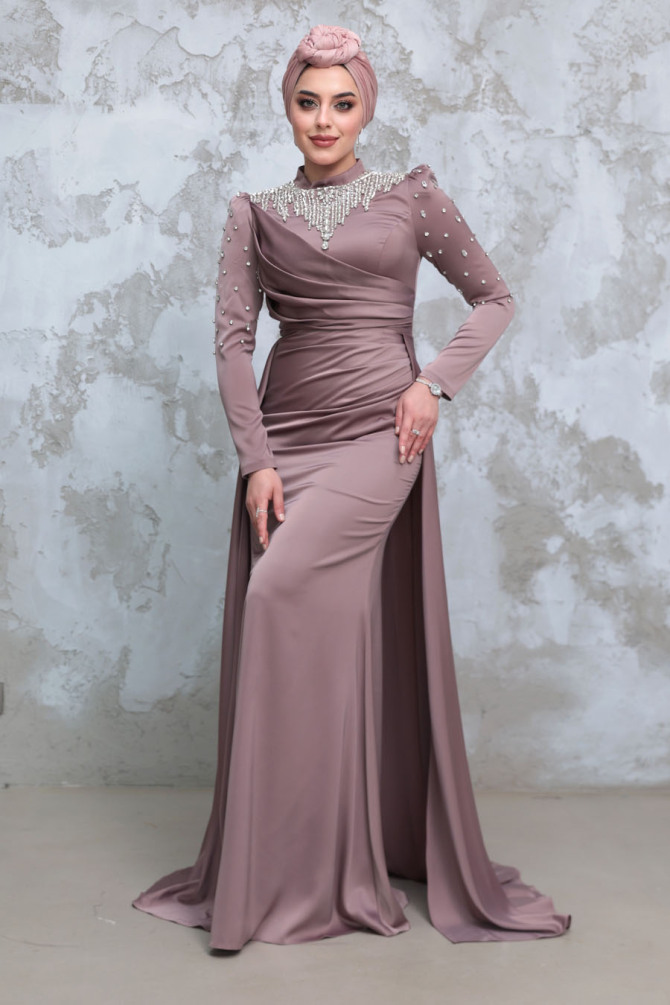 Tesettürlü Abiye Elbise - Boncuk İşlemeli Vizon Tesettür Saten Abiye Elbise 51312V - 2