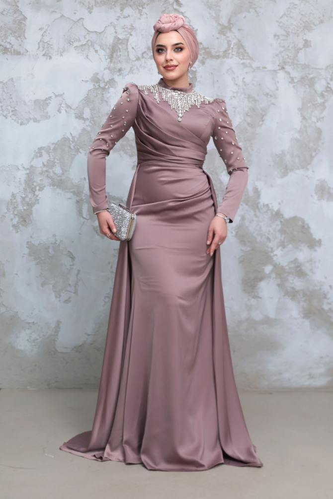 Tesettürlü Abiye Elbise - Boncuk İşlemeli Vizon Tesettür Saten Abiye Elbise 51312V - 3