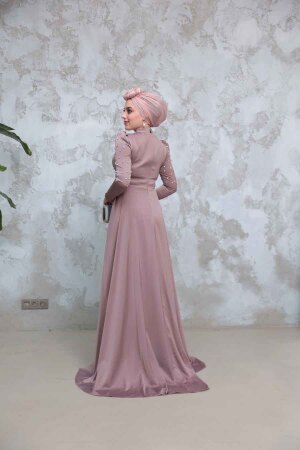 Tesettürlü Abiye Elbise - Boncuk İşlemeli Vizon Tesettür Saten Abiye Elbise 51312V - 4