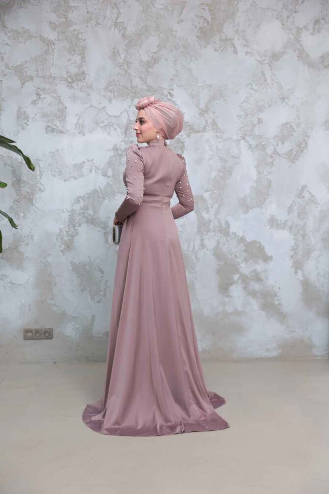 Tesettürlü Abiye Elbise - Boncuk İşlemeli Vizon Tesettür Saten Abiye Elbise 51312V - 4