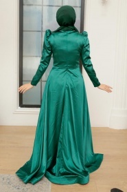 Tesettürlü Abiye Elbise - Boncuk İşlemeli Yeşil Saten Tesettür Abiye Elbise 22640Y - Thumbnail