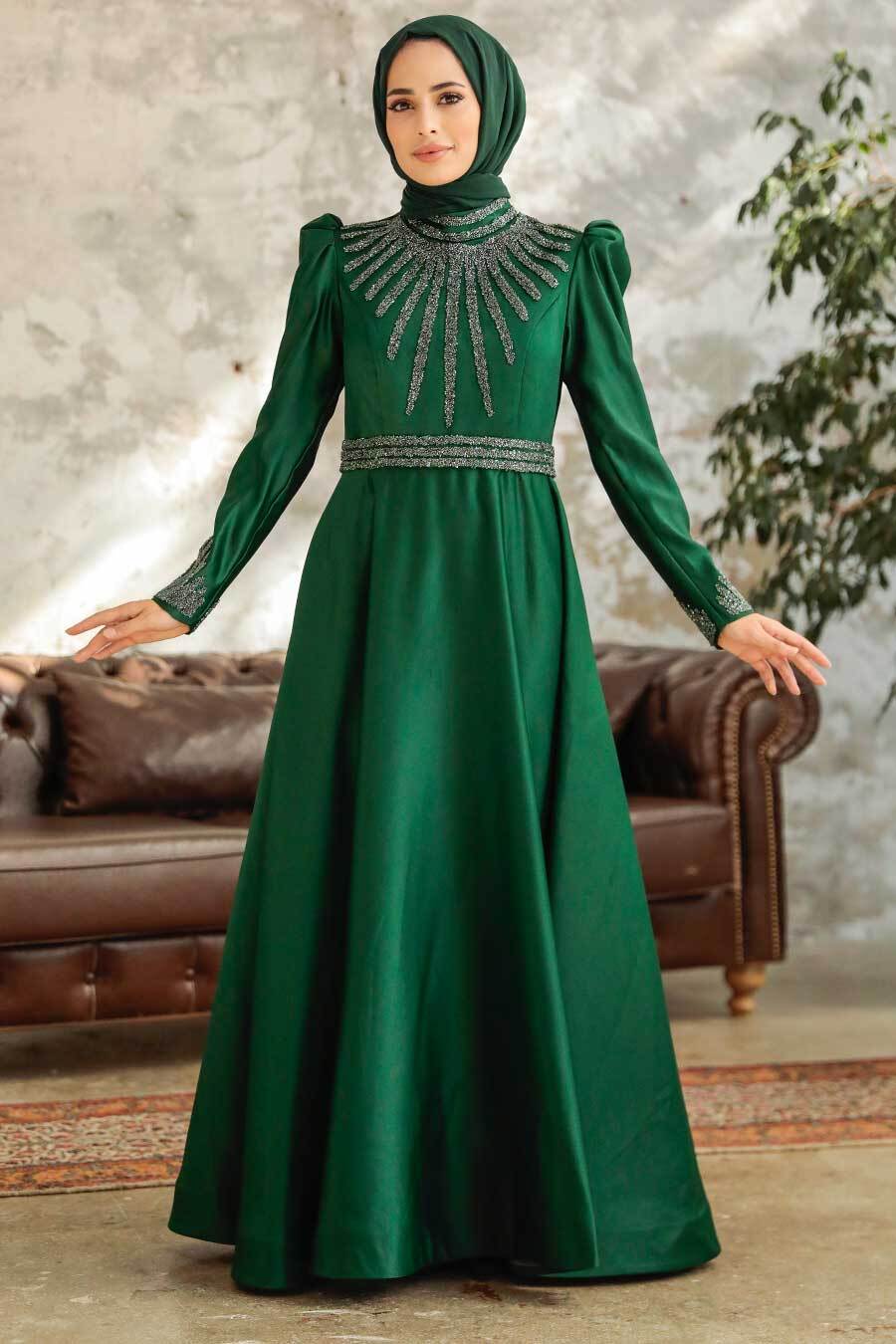 Tesettürlü Abiye Elbise - Boncuk İşlemeli Yeşil Saten Tesettür Abiye Elbise 22840Y