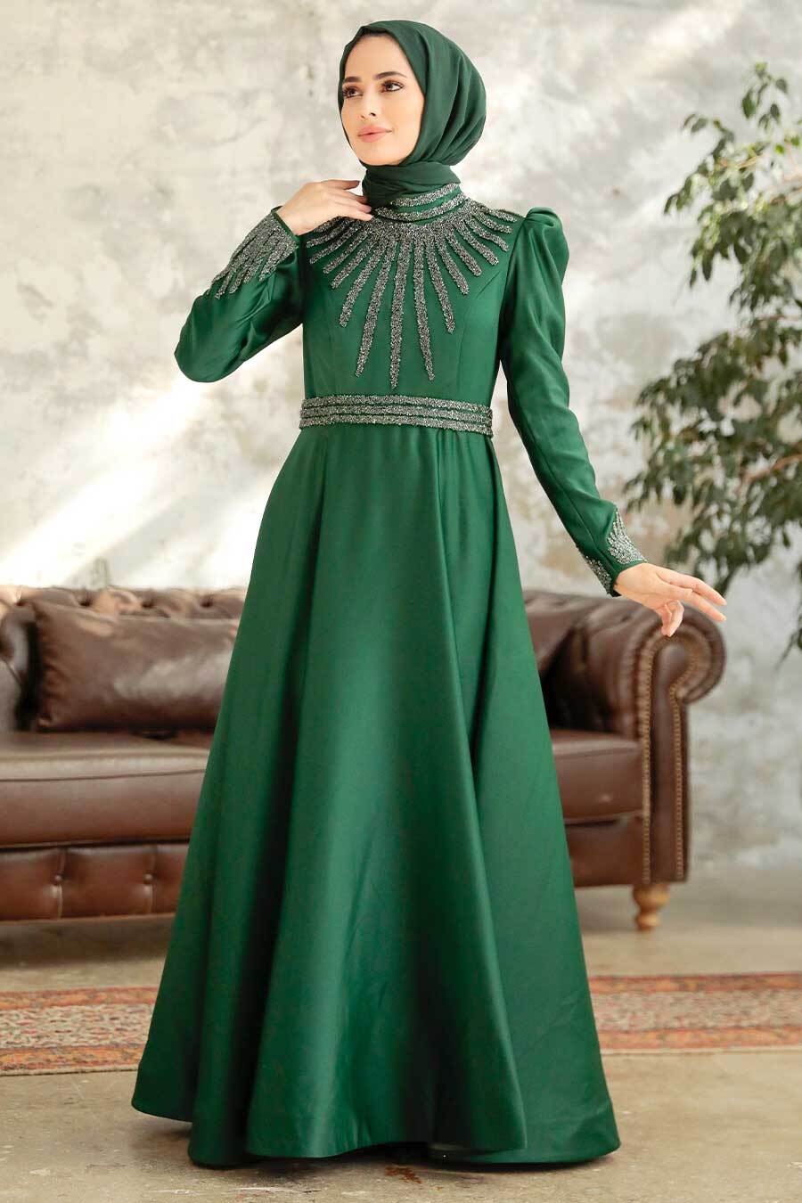 Tesettürlü Abiye Elbise - Boncuk İşlemeli Yeşil Saten Tesettür Abiye Elbise 22840Y