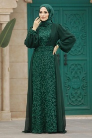 Tesettürlü Abiye Elbise - Boncuk İşlemeli Yeşil Tesettür Abiye Elbise 22071Y - Thumbnail