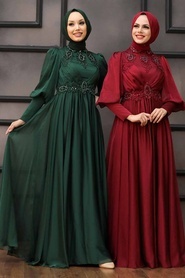 Tesettürlü Abiye Elbise - Boncuk İşlemeli Yeşil Tesettür Abiye Elbise 22101Y - Thumbnail