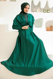 Tesettürlü Abiye Elbise - Boncuk İşlemeli Yeşil Tesettür Abiye Elbise 22451Y - Thumbnail