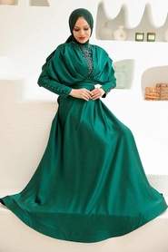 Tesettürlü Abiye Elbise - Boncuk İşlemeli Yeşil Tesettür Abiye Elbise 22451Y - Thumbnail