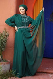 Tesettürlü Abiye Elbise - Boncuk İşlemeli Yeşil Tesettür Abiye Elbise 25885Y - Thumbnail