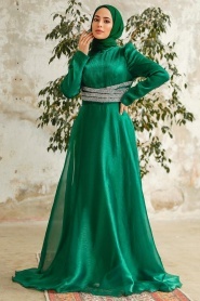 Tesettürlü Abiye Elbise - Boncuk İşlemeli Yeşil Tesettür Abiye Elbise 3812Y - Thumbnail