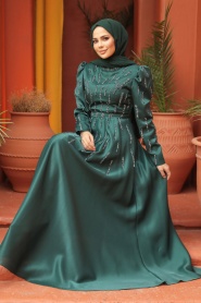 Tesettürlü Abiye Elbise - Boncuk İşlemeli Yeşil Tesettür Abiye Elbise 51891Y - Thumbnail