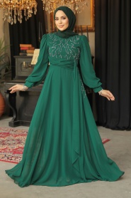 Tesettürlü Abiye Elbise - Boncuk İşlemeli Yeşil Tesettür Abiye Elbise 52021Y - Thumbnail